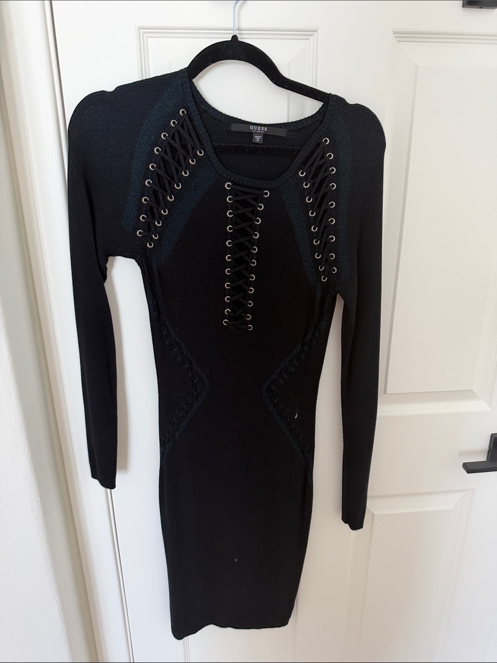 GUESS Black Lace-Up Long Sleeve Fitted Knit Dress